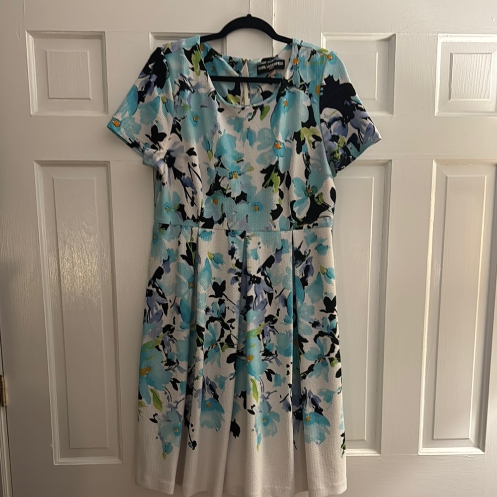 Karl Lagerfeld Blue A-Line Midi Dress Scoop Neck Short Sleeve